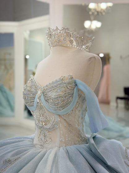 Off Shoulder Glittery Tulle Quinceanera Dresses Lace Beaded Sweet 16 Party Dress HE1211