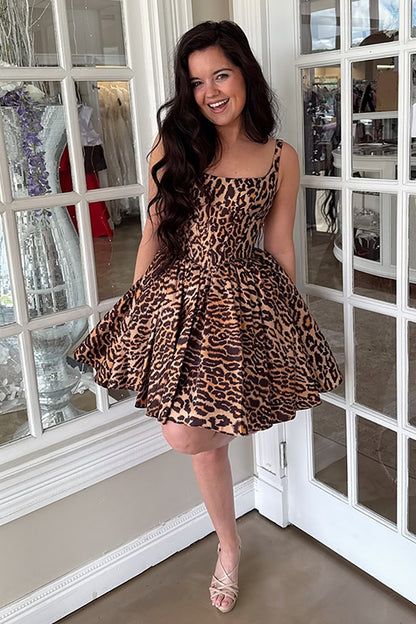 Cute Brown Leopard A Line Short Homecoming Dress with Square Neck HE616