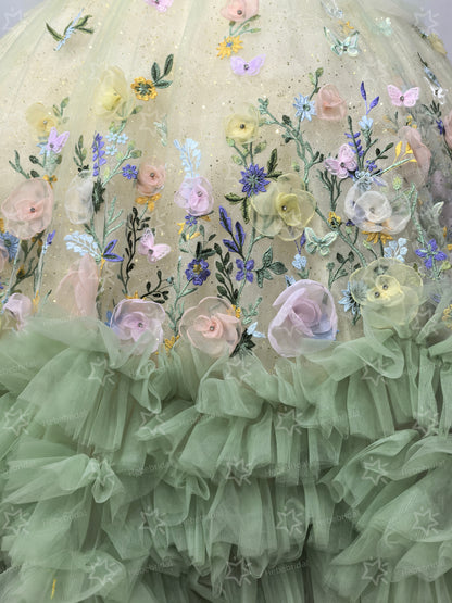 Luxury Tulle 3D Flower Green Quinceanera Dresses Sweet 16 Birthday Party Dresses with Ruffled HE1052