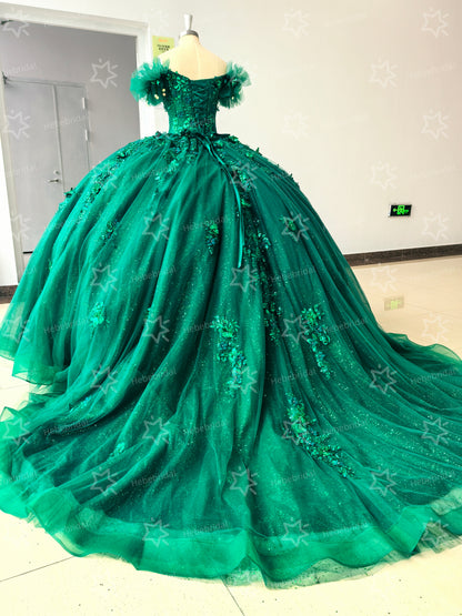 Emerald Green Tulle Appliqued Off Shoulder Quinceanera Dresses for Sweet 16 Party HE967