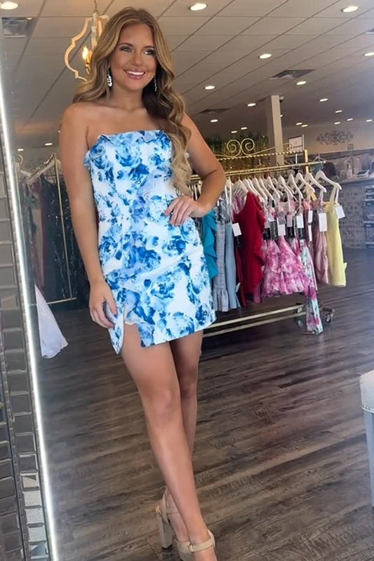 Floral Blue Bodycon Strapless Short Bodycon Homecoming Dress with Ruffles HE631