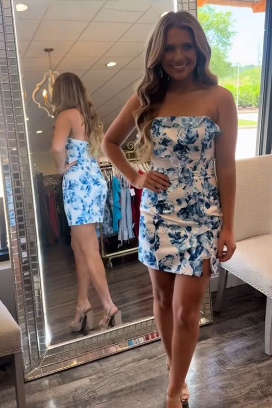 Floral Blue Bodycon Strapless Short Bodycon Homecoming Dress with Ruffles HE631