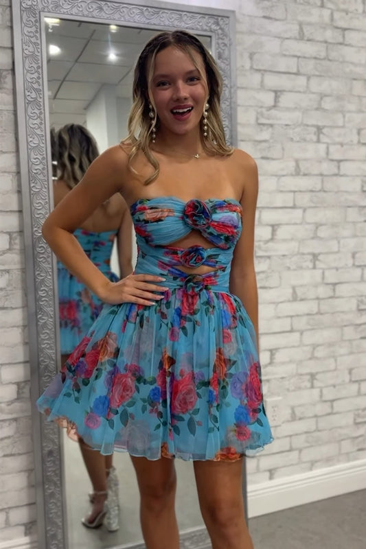 Floral Blue Chiffon A Line Strapless Short Homecoming Dress HE628
