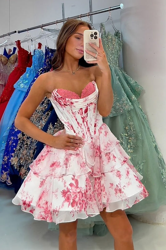 Floral Chiffon Ruffles Pink Corset Sweetheart Short Homecoming Dresses HE630