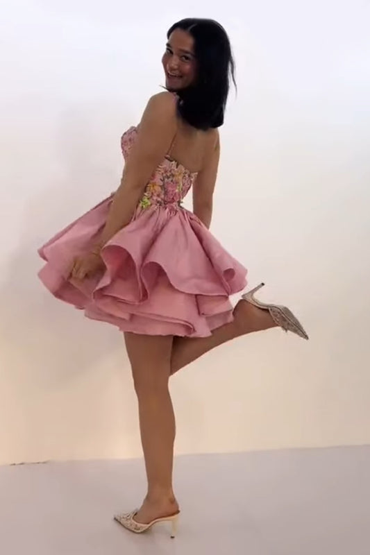 Floral Pink Satin A Line Short Homecoming Dress with Ruffles HE625