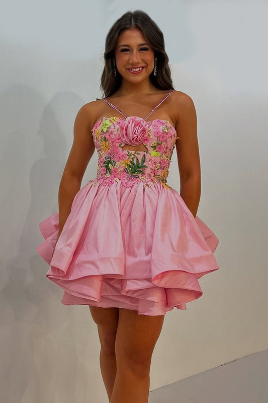 Floral Pink Satin A Line Short Homecoming Dress with Ruffles HE625