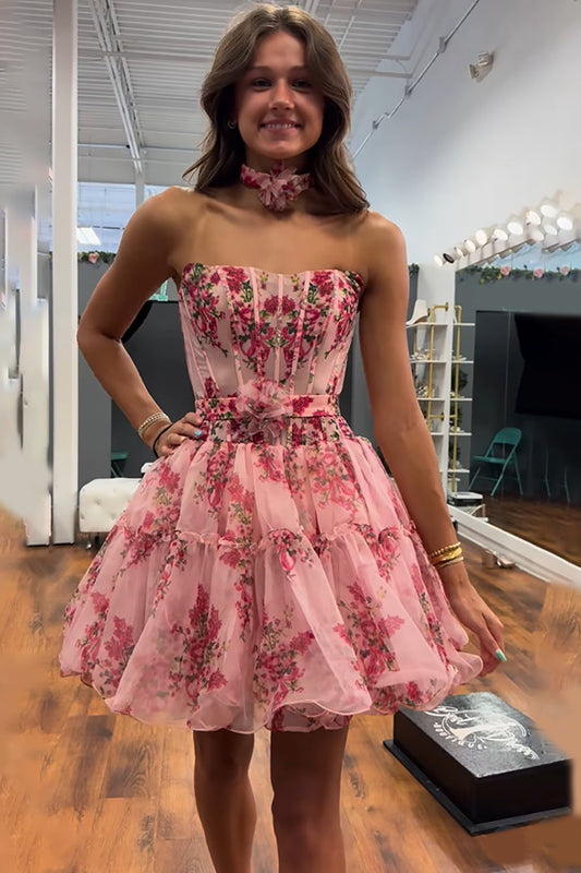 Floral Pink Strapless A Line Short Corset Homecoming Dress with Ruffles HE602