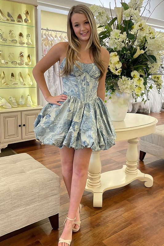 Vestido de fiesta azul floral con corte en A y corsé corto para jóvenes, HE592
