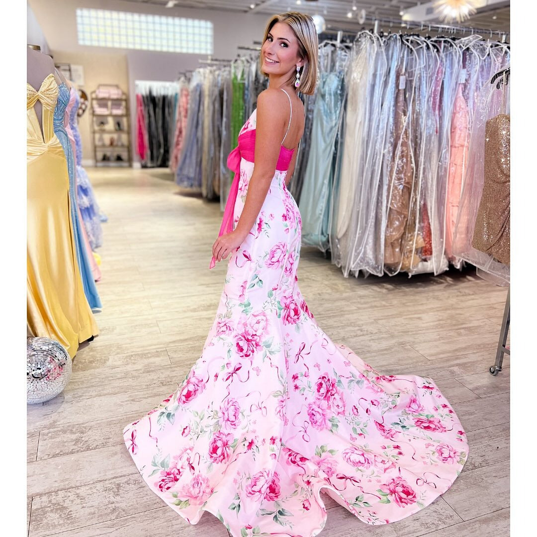 Mermaid Satin Floral Print Prom Dresses Long V Neck Evening Party Gowns for Women HE1136