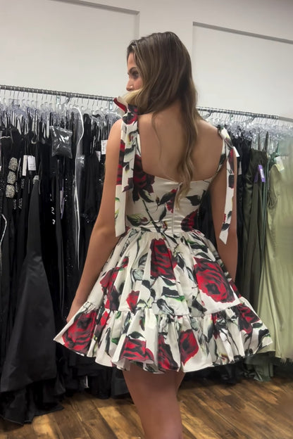 Vestido de fiesta corto con estampado floral y volantes, corte A, HE621