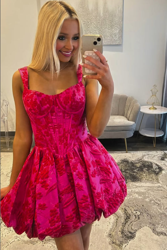 Fuchsia A Line Ruched Floral Print Short Corset Homecoming Dress HE593