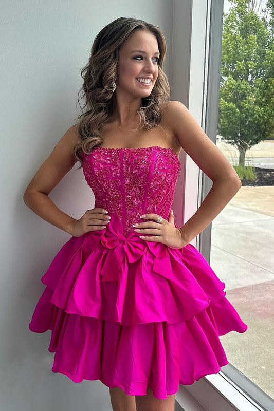Fuchsia A Line Strapless Tiered Short Corset Homecoming Dress HE603