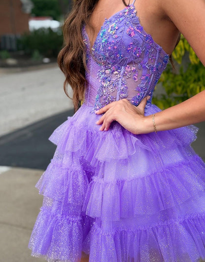 Vestido de fiesta corto con corsé, volantes y lentejuelas en tul lavanda brillante HE636