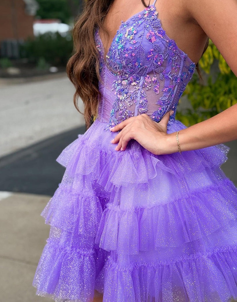 Glitter Lavender Tulle Ruffled Short Corset Homecoming Dress with Sequ