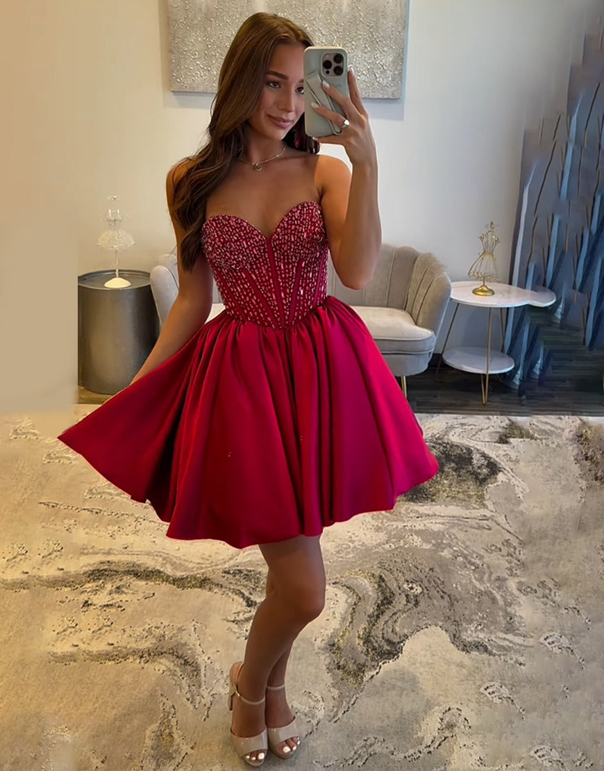 Glitter Red Sweetheart Satin A-Line Corset Homecoming Dress with Beadi Hebebridal Glitter Red Sweetheart Satin A-Line Corset Homecoming Dress with Beadi Hebebridal