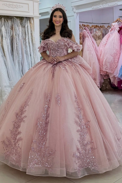 Ball Gown Princess Lace Appliqued Pink Quinceanera Dresses for Sweet 16 HE1163