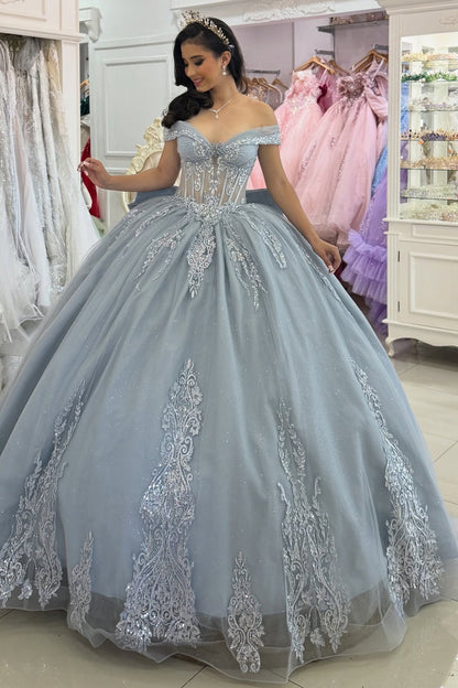 Glittery Tulle Lace Appliqued Quinceanera Dresses Off Shoulder Sweet 16 Prom Gowns HE1165