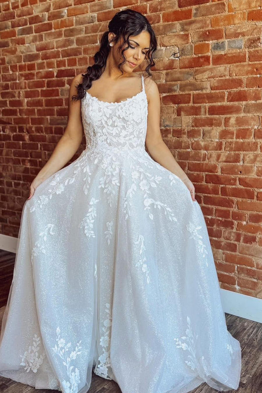 Glittery Tulle Lace Appliqued Beach Wedding Dresses A Line Boho Bride Dress for Women HE1156