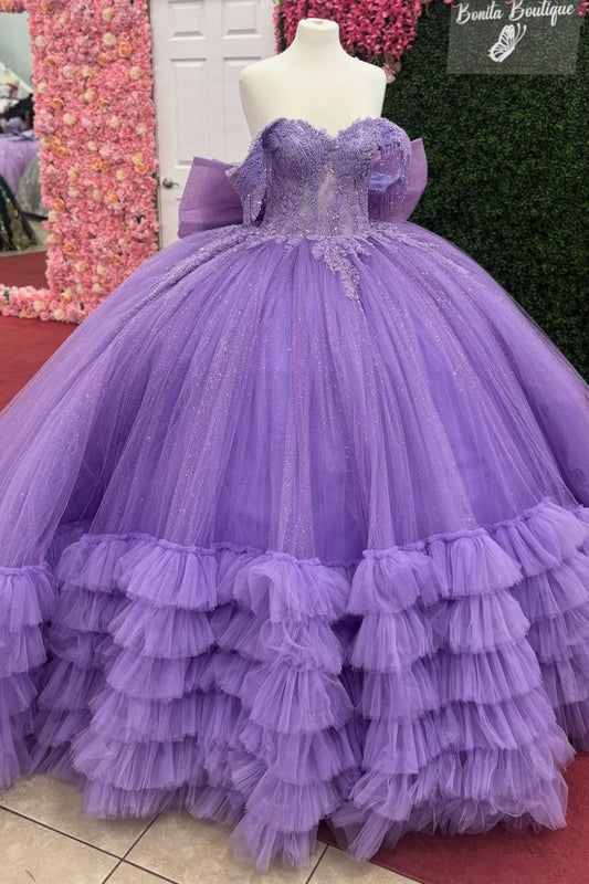 Glittery Tulle Ruffled Quinceanera Dresses Off Shoulder Corset Sweet 16 Party Dresses HE1225