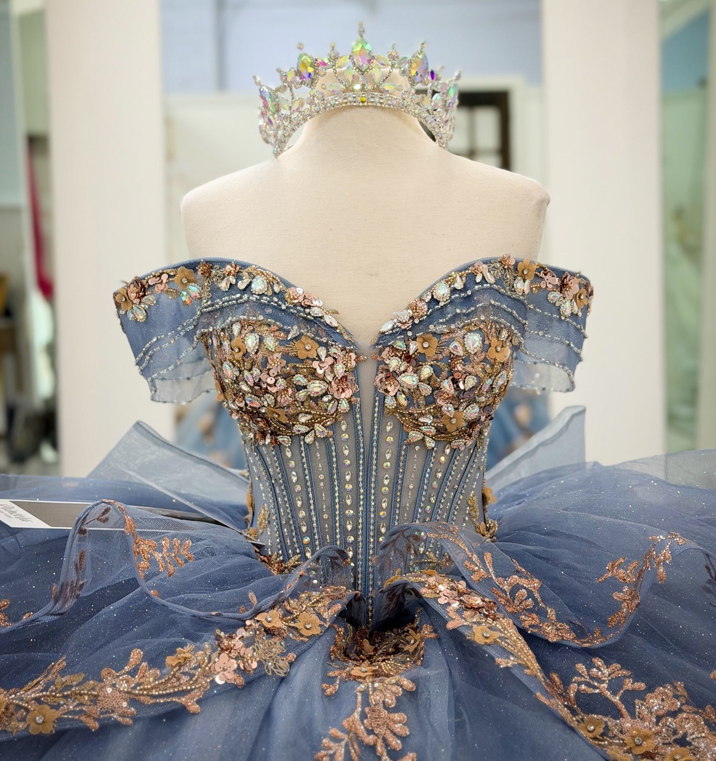 Off Shoulder Tulle Corset Appliqued Quinceanera Dresses Princess Sweet 16 Party Gowns HE1212