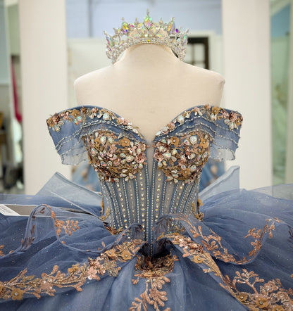 Off Shoulder Tulle Corset Appliqued Quinceanera Dresses Princess Sweet 16 Party Gowns HE1212