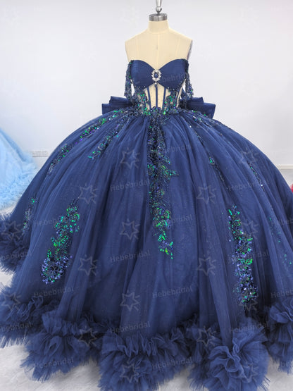 Tulle Ruffled Ball Gown Quinceanera Dresses Off Shoulder Party Gowns for Sweet 16 HE1199