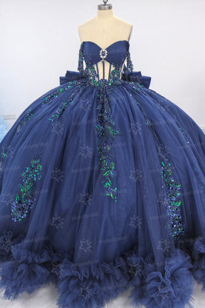 Tulle Ruffled Ball Gown Quinceanera Dresses Off Shoulder Party Gowns for Sweet 16 HE1199