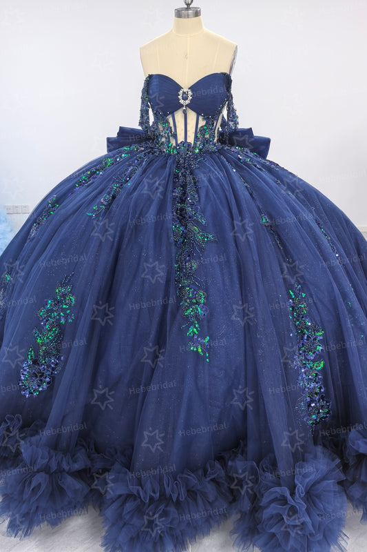 Tulle Ruffled Ball Gown Quinceanera Dresses Off Shoulder Party Gowns for Sweet 16 HE1199