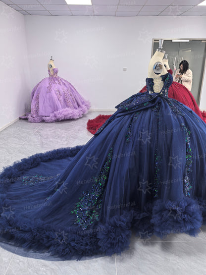 Tulle Ruffled Ball Gown Quinceanera Dresses Off Shoulder Party Gowns for Sweet 16 HE1199