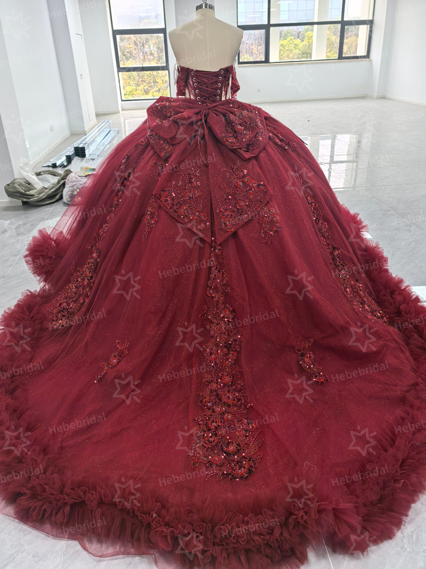 Princess Ball Gown Burgundy Sweet 15 Quinceanera Dresses Lace Ruffled Party Gowns HE1200