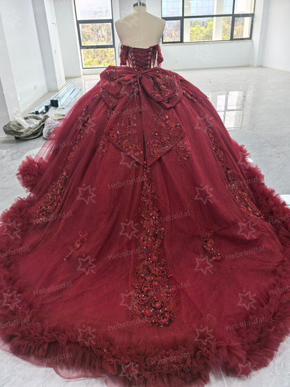 Princess Ball Gown Burgundy Sweet 15 Quinceanera Dresses Lace Ruffled Party Gowns HE1200