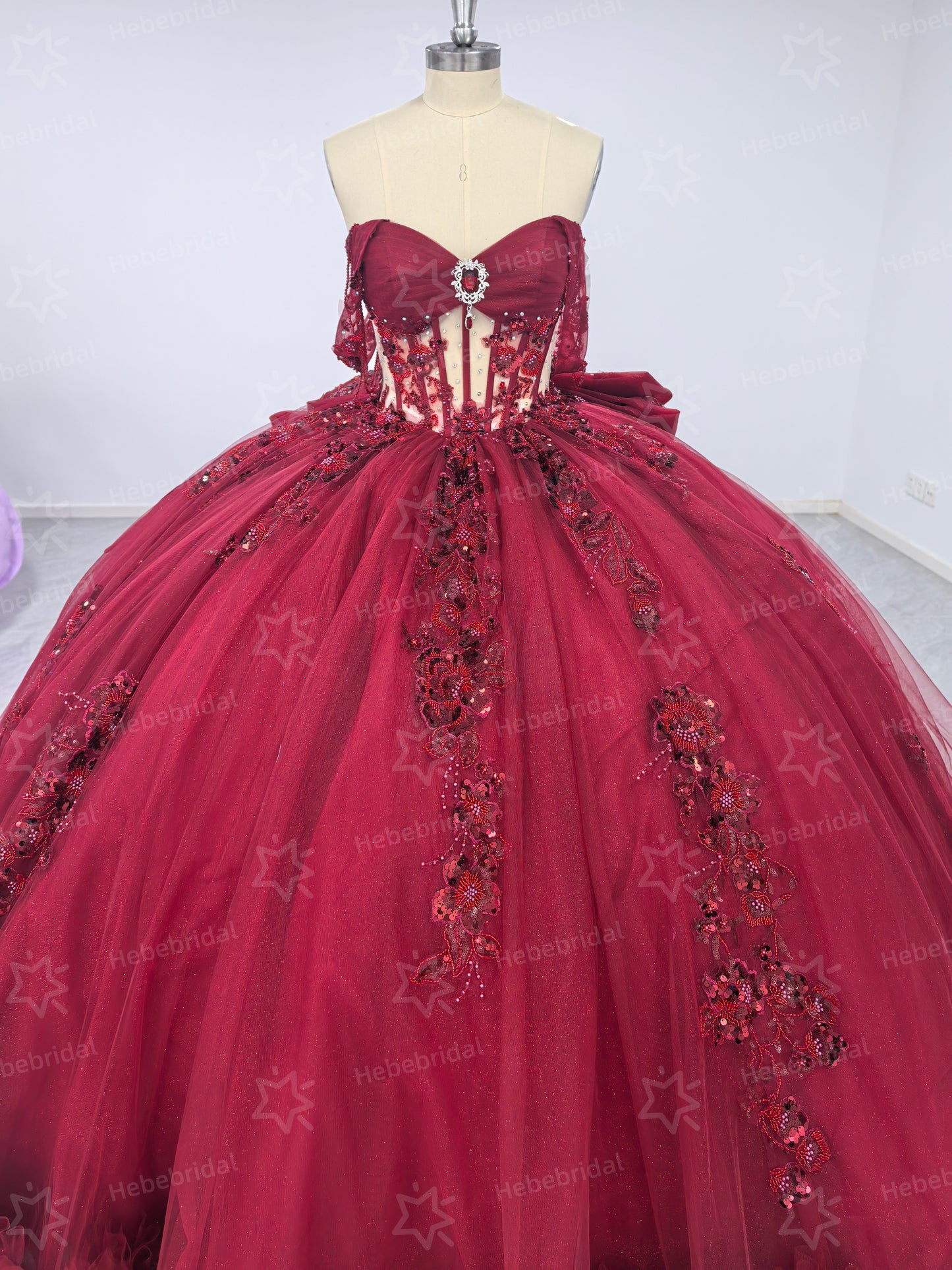 Princess Ball Gown Burgundy Sweet 15 Quinceanera Dresses Lace Ruffled Party Gowns HE1200