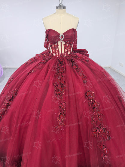 Princess Ball Gown Burgundy Sweet 15 Quinceanera Dresses Lace Ruffled Party Gowns HE1200