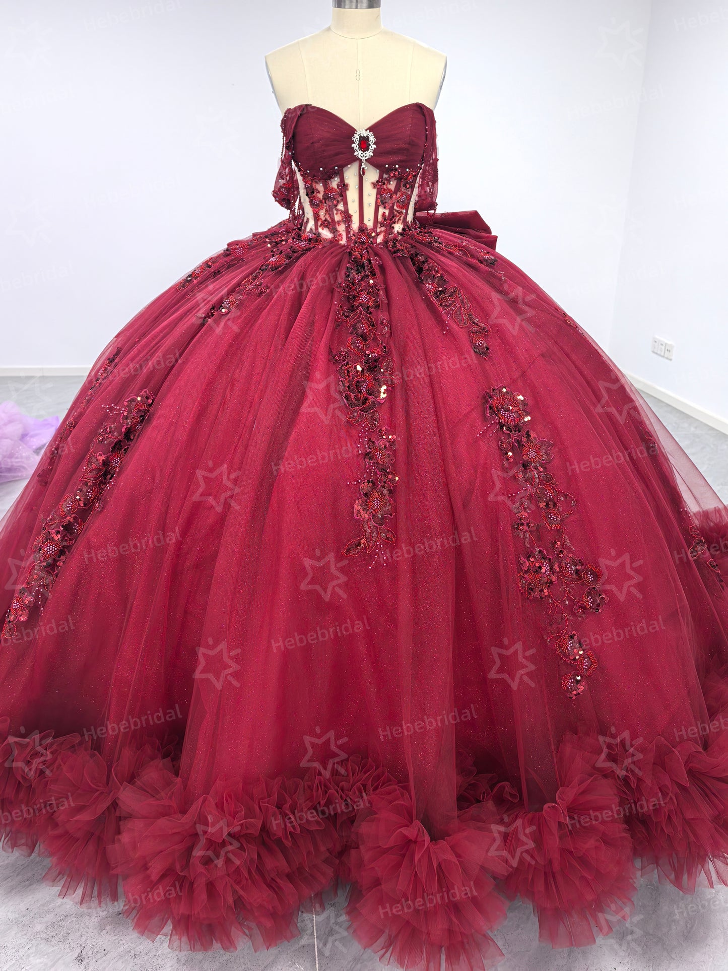 Princess Ball Gown Burgundy Sweet 15 Quinceanera Dresses Lace Ruffled Party Gowns HE1200