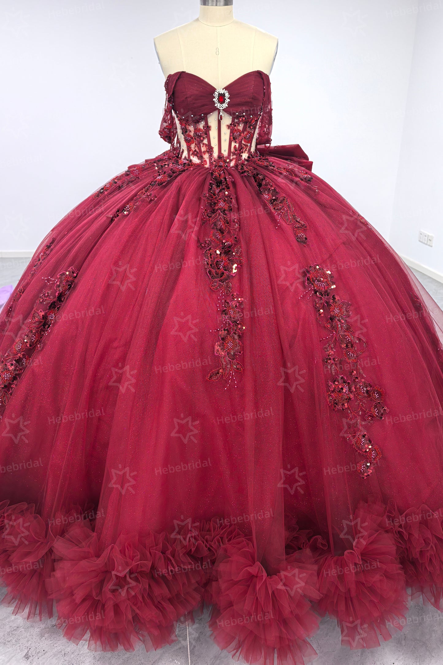 Princess Ball Gown Burgundy Sweet 15 Quinceanera Dresses Lace Ruffled Party Gowns HE1200