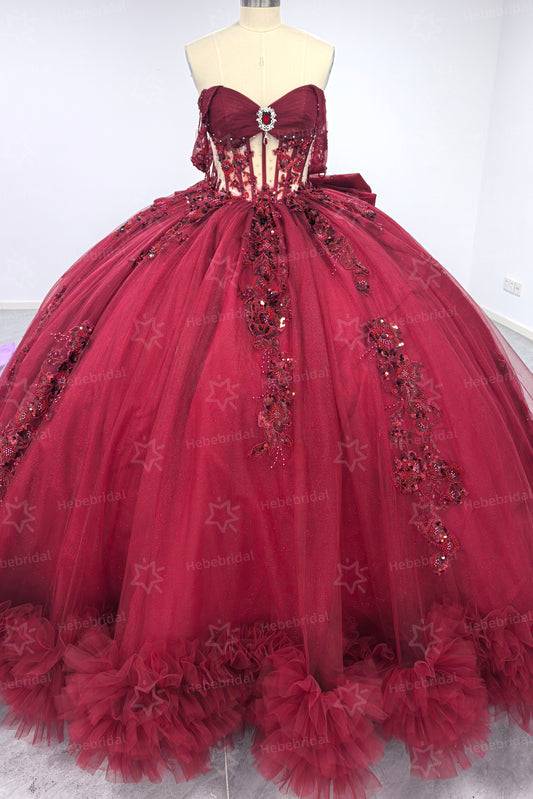 Princess Ball Gown Burgundy Sweet 15 Quinceanera Dresses Lace Ruffled Party Gowns HE1200