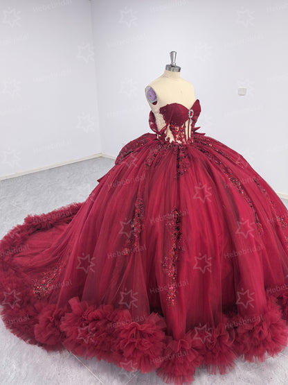 Princess Ball Gown Burgundy Sweet 15 Quinceanera Dresses Lace Ruffled Party Gowns HE1200