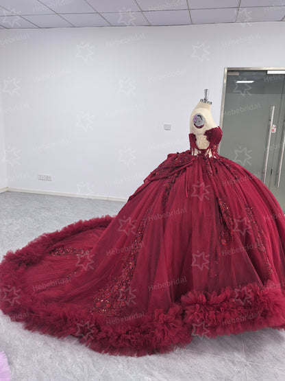 Princess Ball Gown Burgundy Sweet 15 Quinceanera Dresses Lace Ruffled Party Gowns HE1200