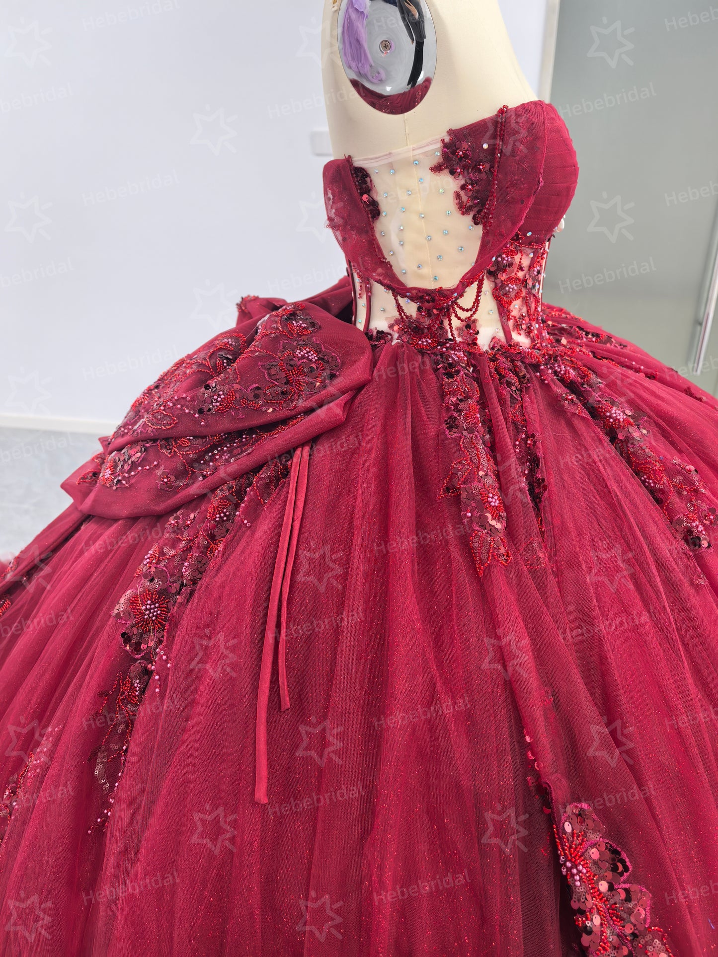 Princess Ball Gown Burgundy Sweet 15 Quinceanera Dresses Lace Ruffled Party Gowns HE1200