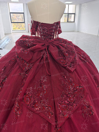 Princess Ball Gown Burgundy Sweet 15 Quinceanera Dresses Lace Ruffled Party Gowns HE1200