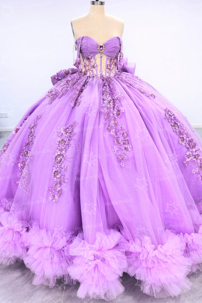 Off Shoulder Tulle Lace Appliqued Quinceanera Dresses Princess Sweet 16 Party Gowns HE1201