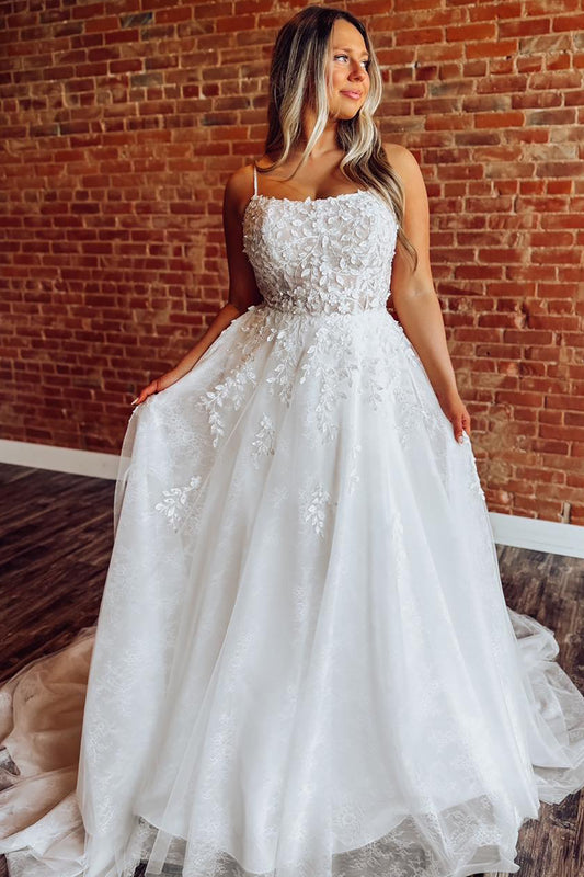 A Line Lace Beach Wedding Dresses Tulle Plus Size Boho Wedding Gowns for Bride HE1157