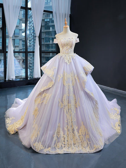 Princess Tulle Lace Appliqued Sweet 16 Quinceanera Dresses Off Shoulder Prom Gowns HE1179