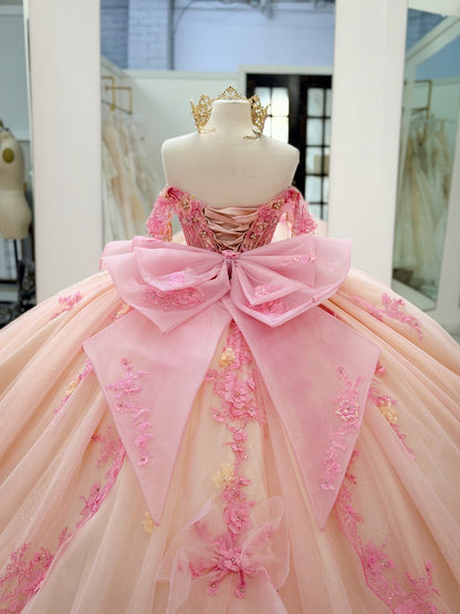 Princess Ball Gown Pink Quinceanera Dresses Tulle Appliqued Sweet 16 Party Gowns HE1169