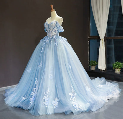 Off Shoulder Tulle Lace Appliqued Quinceanera Dresses Princess Sweet 16 Party Gowns HE1175