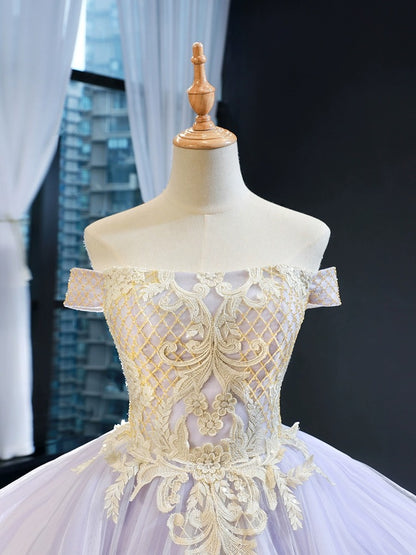 Princess Tulle Lace Appliqued Sweet 16 Quinceanera Dresses Off Shoulder Prom Gowns HE1179