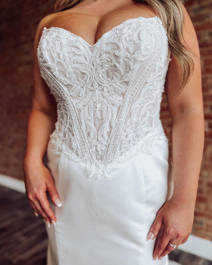 Mermaid Satin Corset Lace Wedding Dresses Sweetheart Bride Wedding Gowns with Long Train HE1159