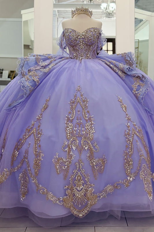 Princess Tulle Lace Beaded Lilac Quinceanera Dresses Ball Gown Sweet 15 Party Dress HE1210