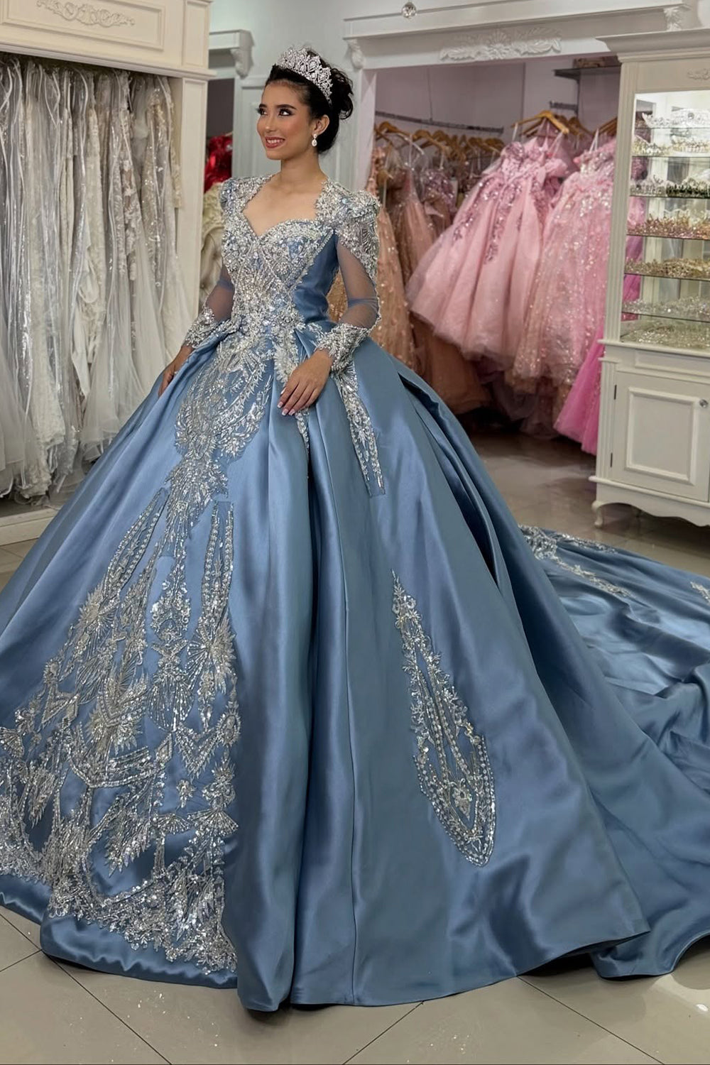 Long Sleeves Satin Beaded Quinceanera Dresses Sweetheart Princess Sweet 16 Prom Dress HE1162