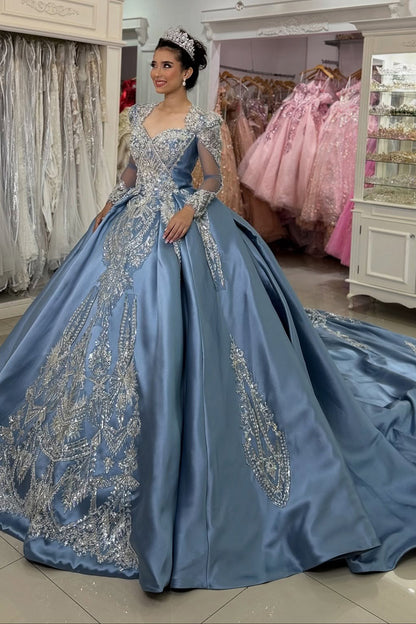 Long Sleeves Satin Beaded Quinceanera Dresses Sweetheart Princess Sweet 16 Prom Dress HE1162